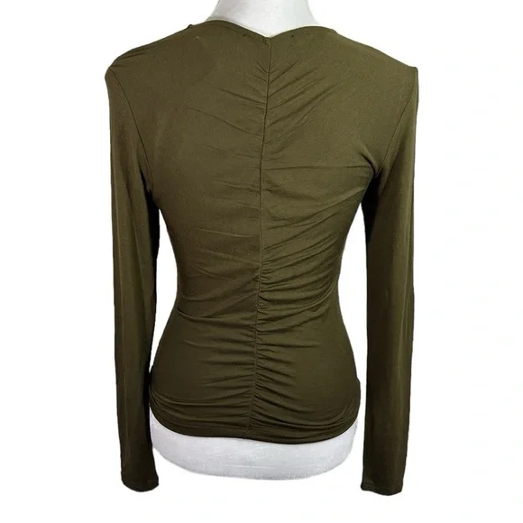 NWT Sanctuary - Moss Green Rouched Long Sleeve V neck Shirt- Size XS - Picture 3 of 6
